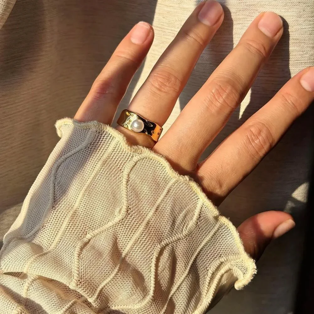Gold Pearl Wide Band Statement Ring